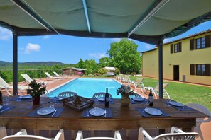 A dining table set for six with a pool view, outdoor chairs, and a covered area. - Casa Sofi (Monticiano)