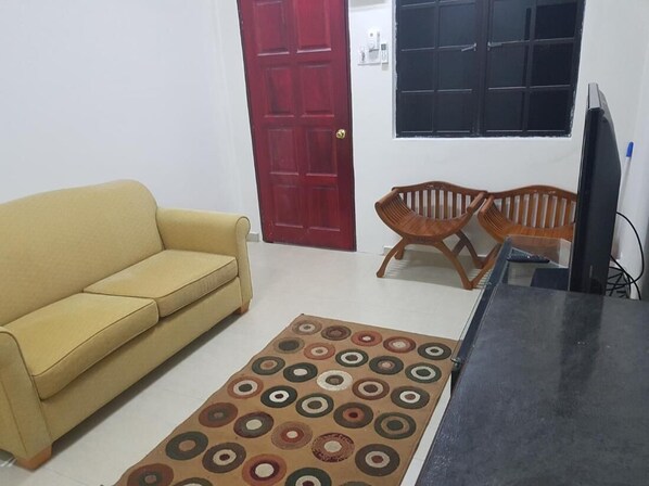A living room with a sofa, two wooden chairs, a television, and a patterned rug.