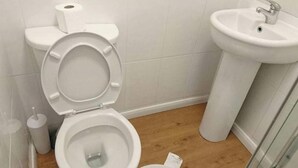 Baño con inodoro, lavabo y rollo de papel higiénico.