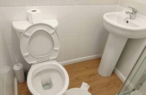 A bathroom with a toilet, a sink, and a roll of toilet paper.