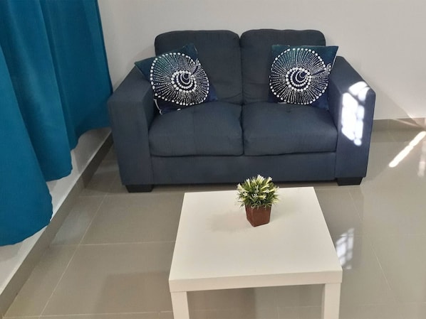 A modern living room with a dark grey sofa, two decorative pillows, and a small potted plant on a white coffee table.