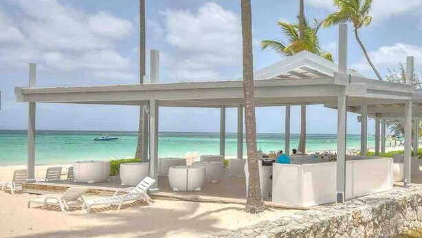 A beachside lounge with white furniture, palm trees, and a view of the ocean. - Ocean View, Private Beach, Playa Turquesa (Punta Cana)