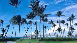 A pathway leading to a building surrounded by palm trees and a clear blue sky. - Ocean View, Private Beach, Playa Turquesa (Punta Cana)