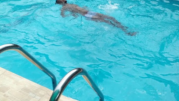 Ein Swimmingpool mit klarem, blauem Wasser und einer Metallleiter.