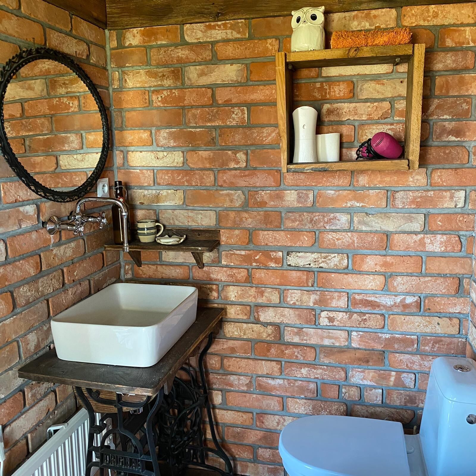 A bathroom with a white sink, a toilet, and a shelf with toiletries.