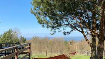 A hammock tied to a tree, a wooden deck, and a view of the landscape.