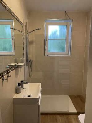 Shower, hair dryer, towels, soap