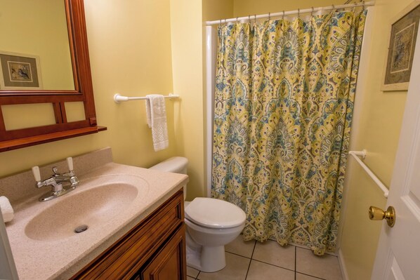 A bathroom with a sink, toilet, and shower curtain. - XL Beachwalk Resort Home for 20 (Michigan City)