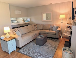 Smart TV, fireplace, books, offices