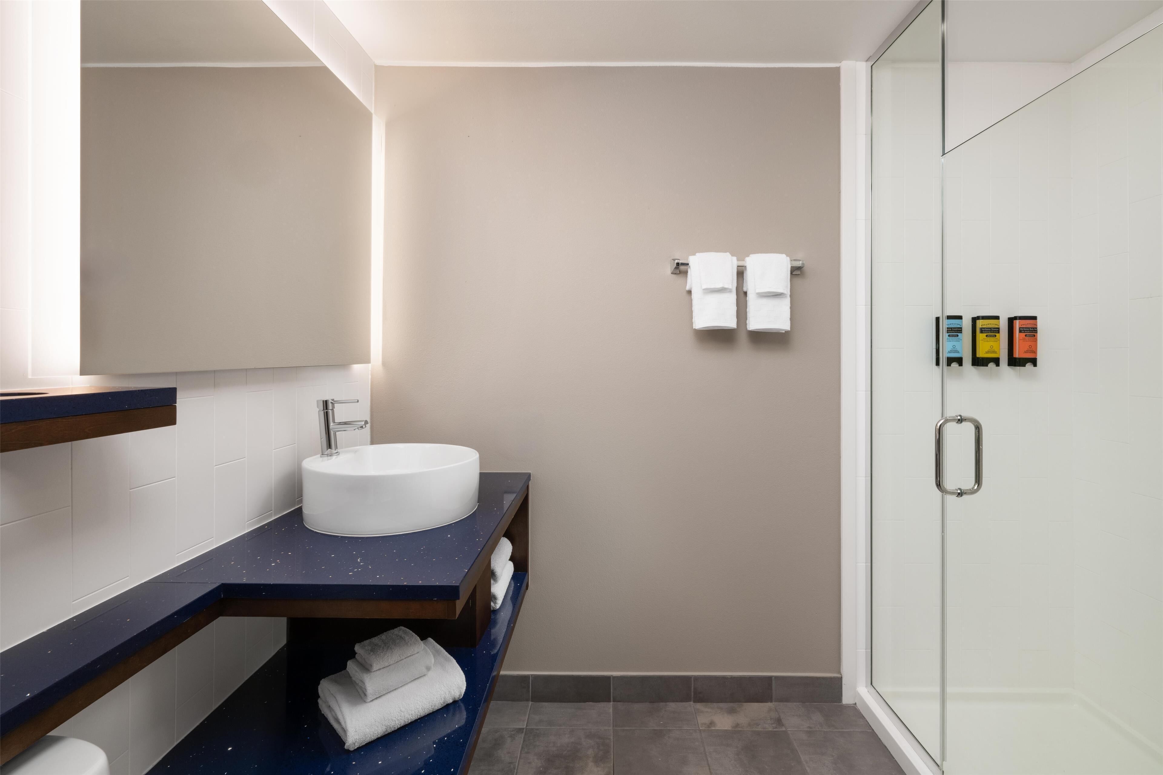 shower, free toiletries, hair dryer, towels