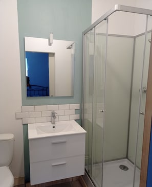 Shower, towels, soap, toilet paper