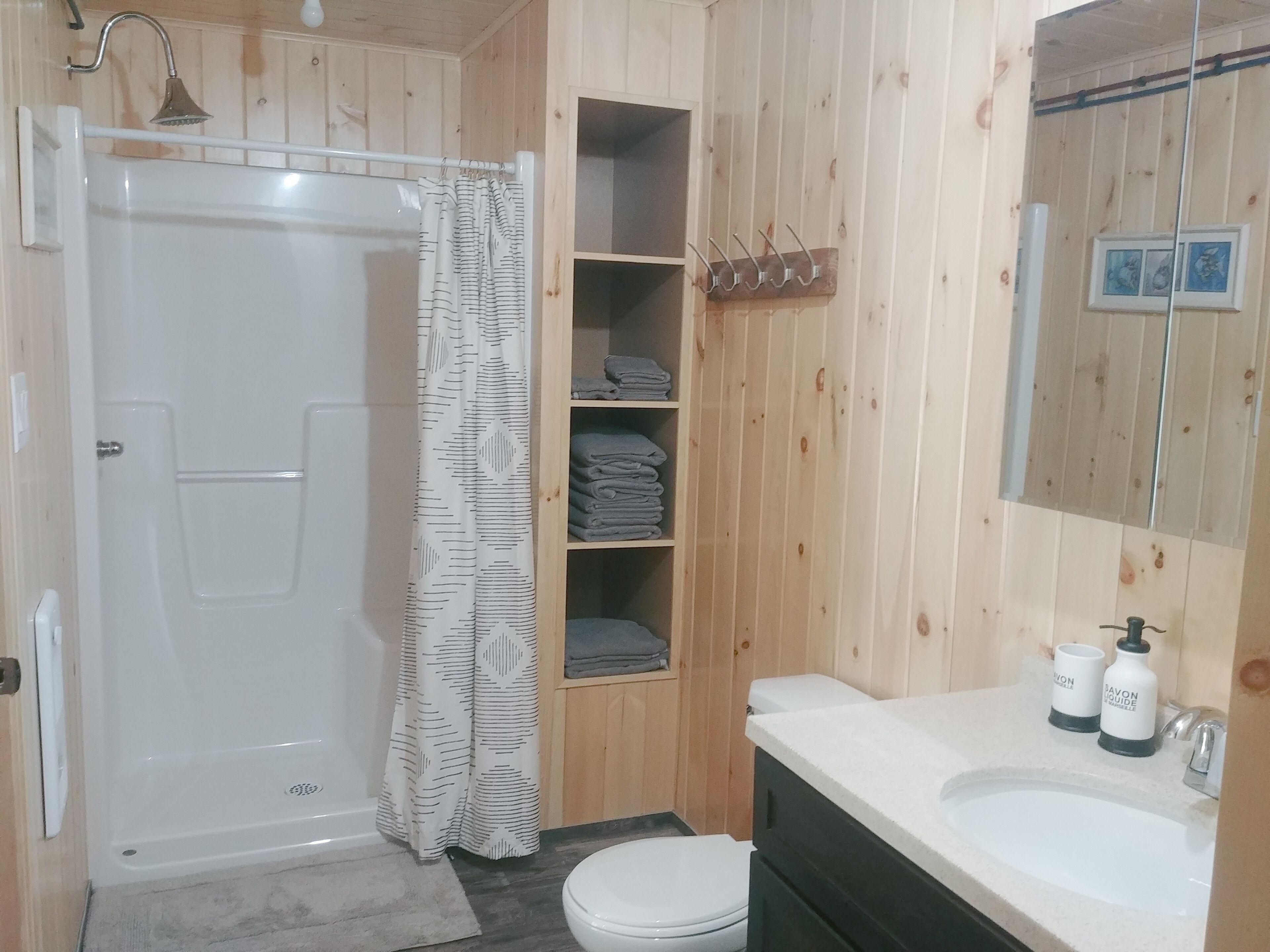 Shower, hair dryer, towels, toilet paper