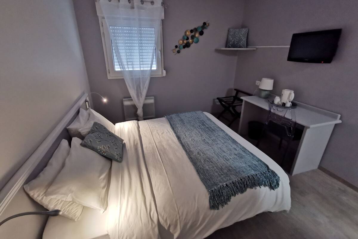 Un dormitorio con cama, mesita de noche, televisor y un escritorio con silla.