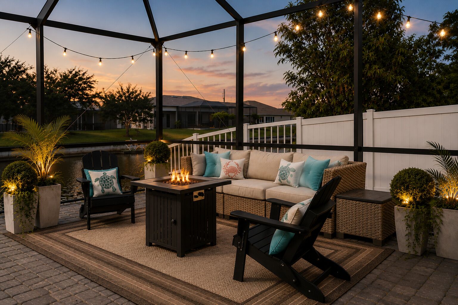 A covered outdoor seating area with a fire pit, string lights, and potted plants.