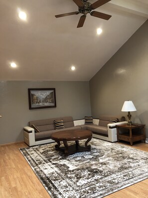 Smart TV, fireplace, video games, DVD player