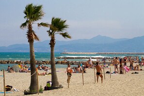 A crowded beach with palm trees, people sunbathing, and a rocky breakwater in the background.