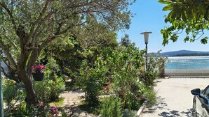 A garden with a pathway, trees, and a view of the sea.