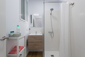 Douche, sèche-cheveux, serviettes fournies, papier toilette