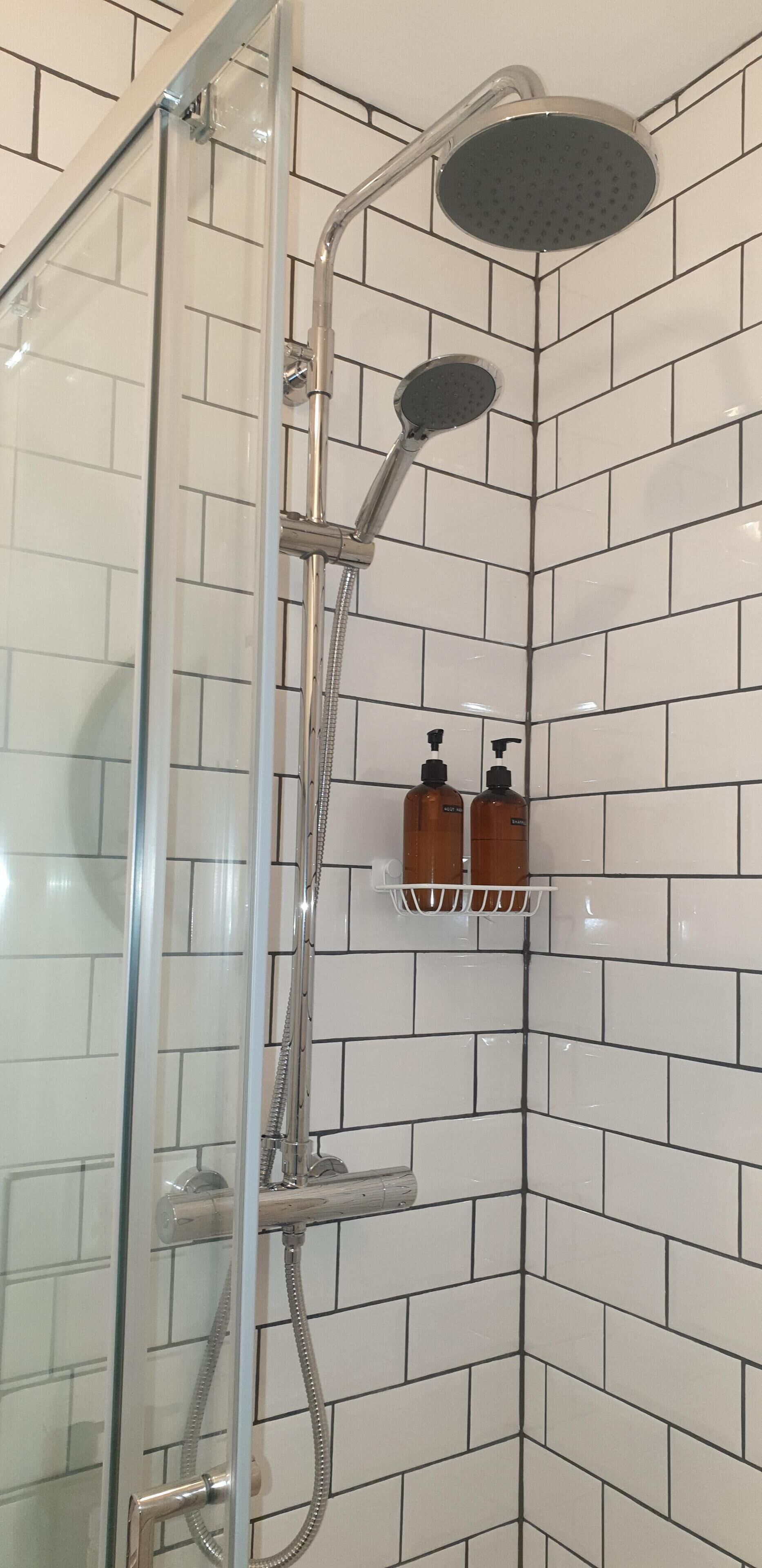 A glass-enclosed shower with a handheld showerhead and a wall-mounted faucet. There are two bottles of shampoo and conditioner on a white shelf.