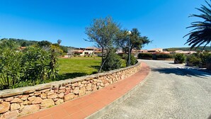 Un sendero pavimentado que conduce a un edificio, con un muro de piedra a un lado y una zona verde con árboles al otro.