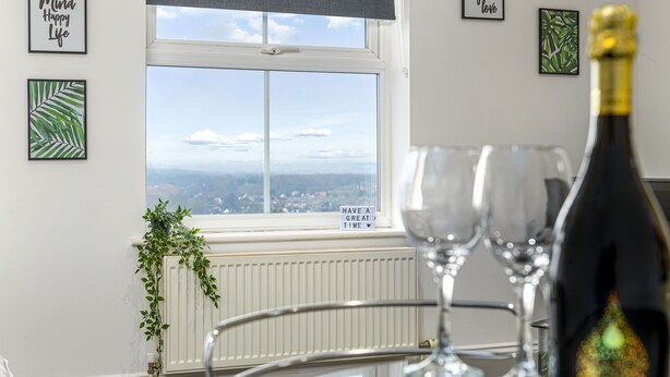 A room with a view through a window, a radiator, a plant, and framed artwork on the wall. - Liquorice Suite (Lincoln)