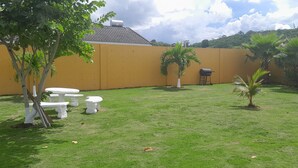 Un patio trasero bien cuidado con un muro amarillo, una parrilla y varios árboles y plantas pequeñas.