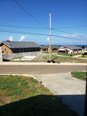 A residential area with houses, a street, and a clear view of the ocean.