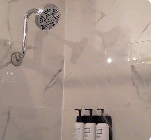 Combined shower/tub, hair dryer, towels, soap