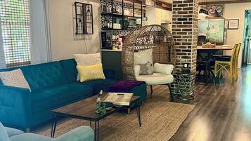 Smart TV, fireplace, books