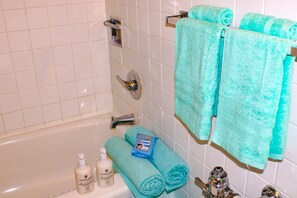 Ensemble douche/baignoire, sèche-cheveux, bidet, serviettes fournies