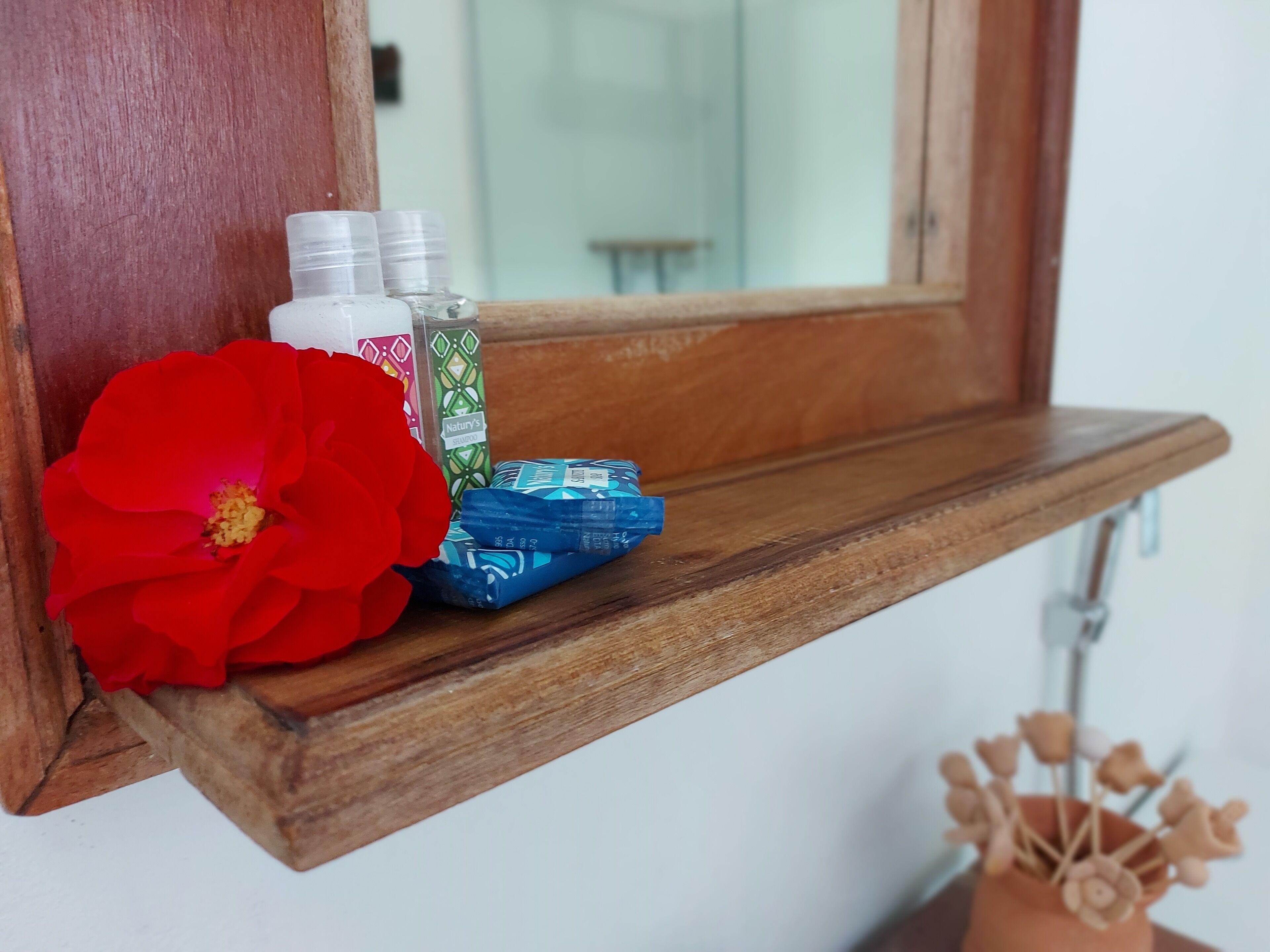 A wooden shelf with toiletries and a red flower.