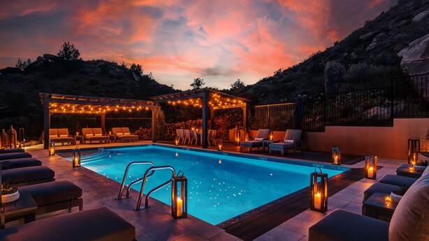Ein Poolbereich mit Liegestühlen, einer Pergola mit Lichterketten und Blick auf die Berge.