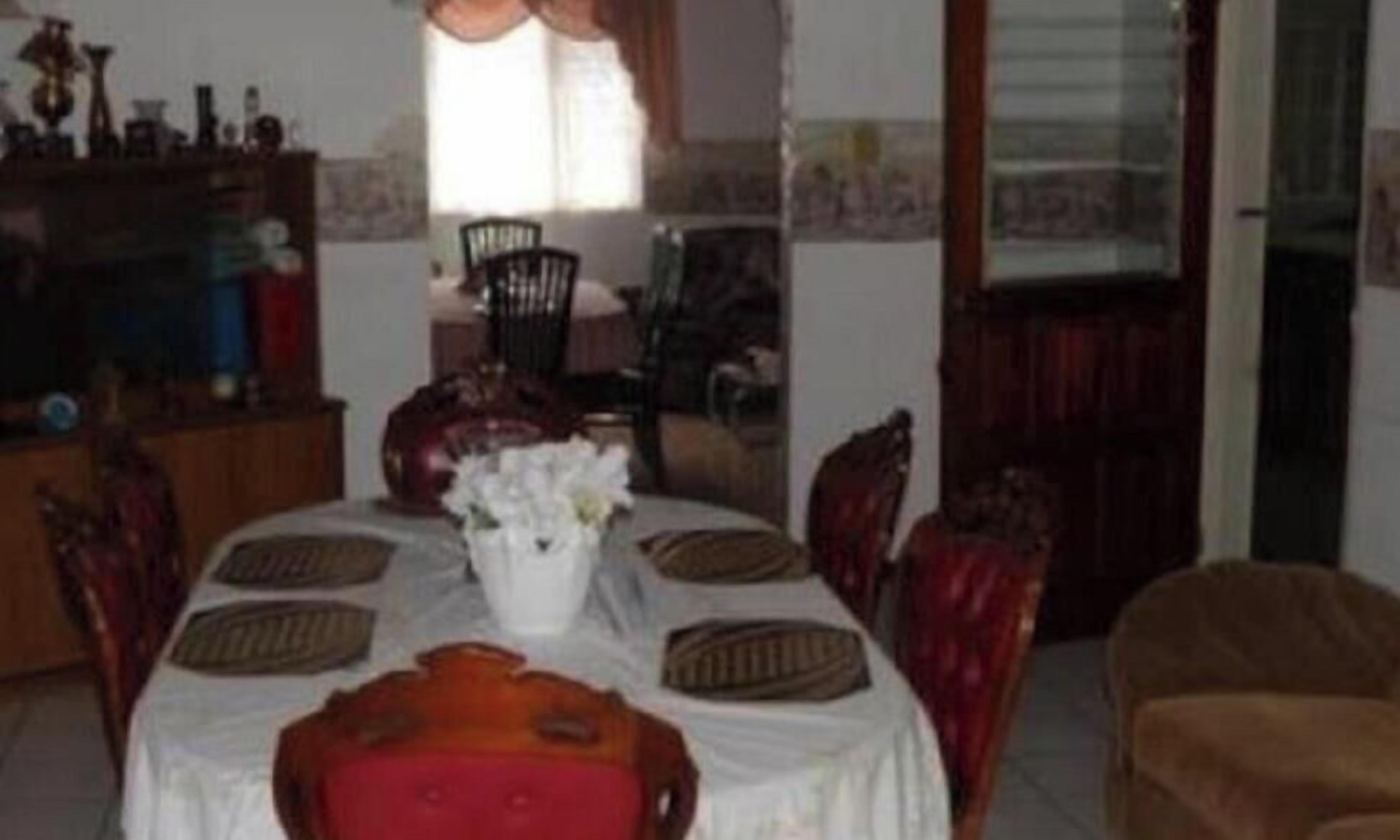 Un coin repas avec une table ronde, des chaises et un vase de fleurs.