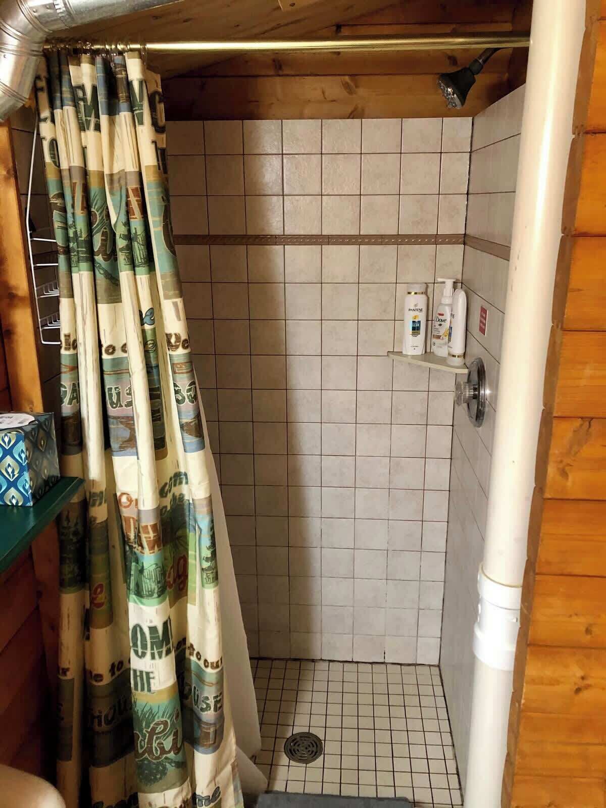 A shower area with a curtain featuring currency notes, tiled walls, and a shelf with toiletries.