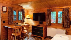 Una habitación tipo cabaña de madera con un escritorio, dos sillas, un televisor, un radiador y una cama.