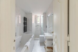 Bathtub, hair dryer, bidet, towels