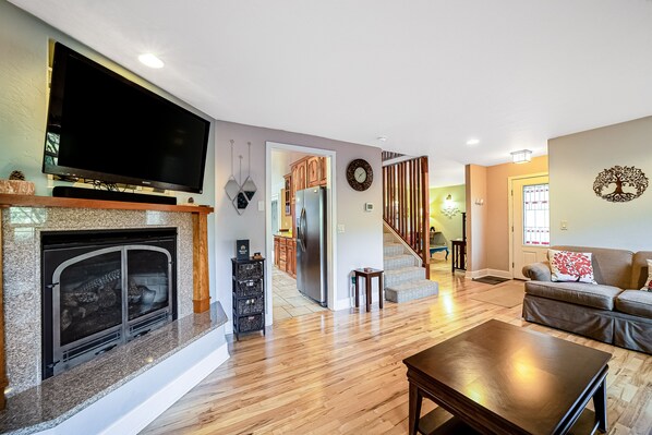 TV, fireplace, DVD player, books