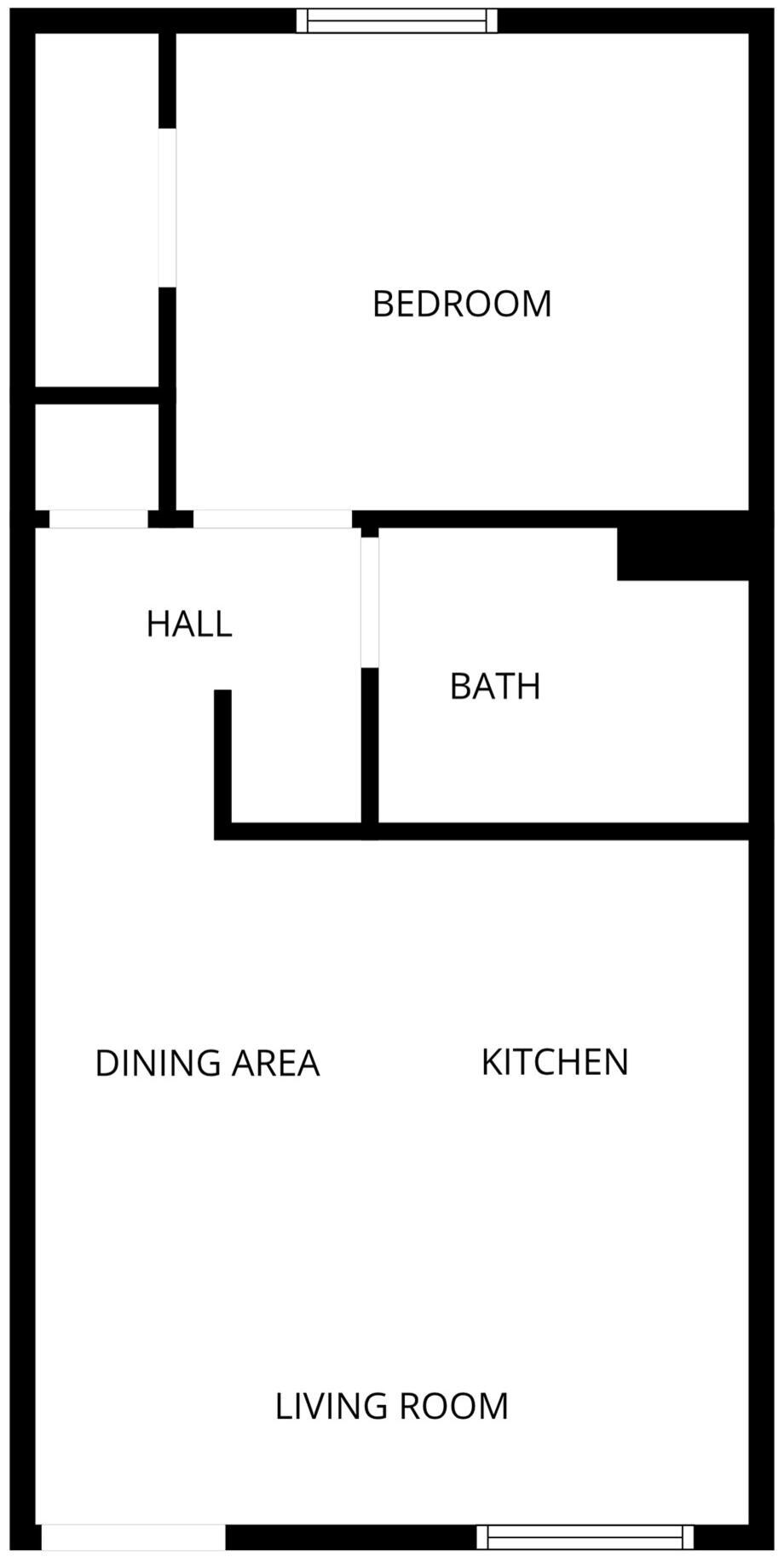 A floor plan with labeled rooms: bedroom, hall, bath, dining area, kitchen, and living room.