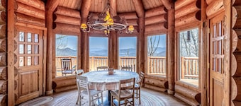 Mountain-view log home with hot tub, firepits, pool table & air hockey