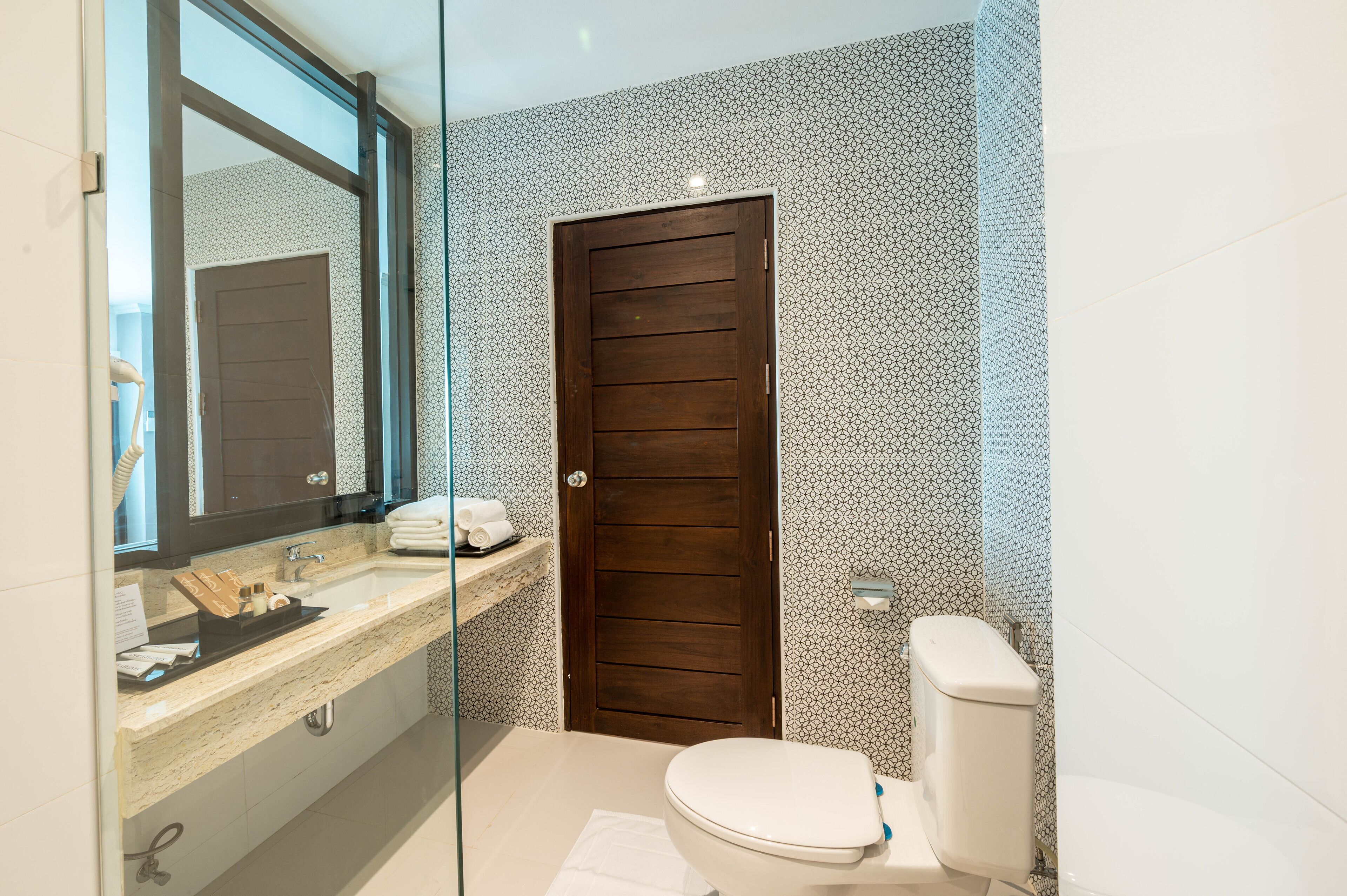 A modern bathroom with a glass shower enclosure, a wooden door, and a white toilet.