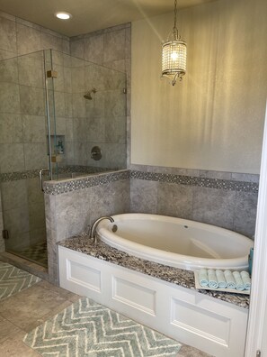 Combined shower/tub, jetted tub, hair dryer, towels