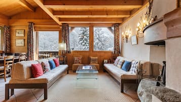 TV, caminetto, lettore DVD, libri