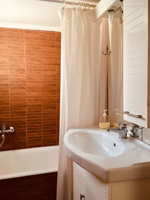 Bathtub, hair dryer, towels, soap