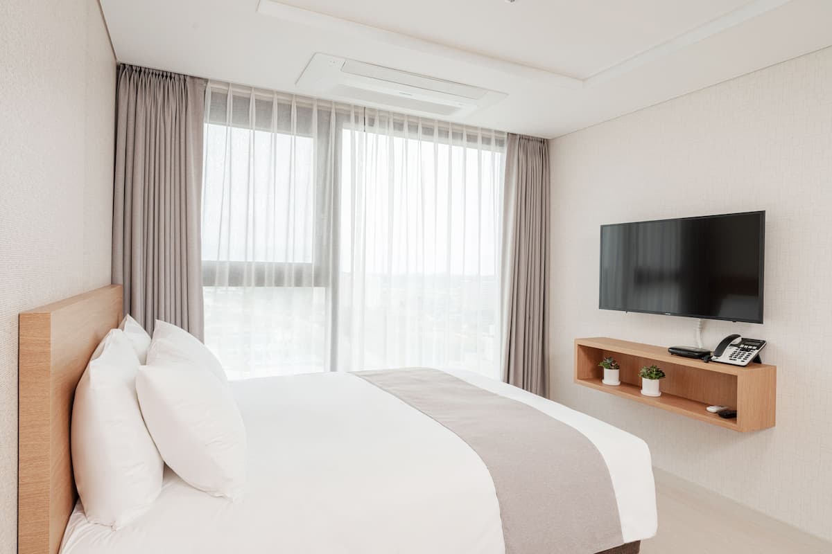 A modern hotel room with a large bed, a mounted TV, and a small desk with a phone and plants.