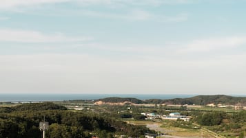 A panoramic view of a coastal landscape with a road, buildings, and a bridge in the distance.