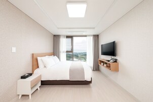 A modern hotel room with a large bed, a TV mounted on the wall, a bedside table, and a view of the outdoors.