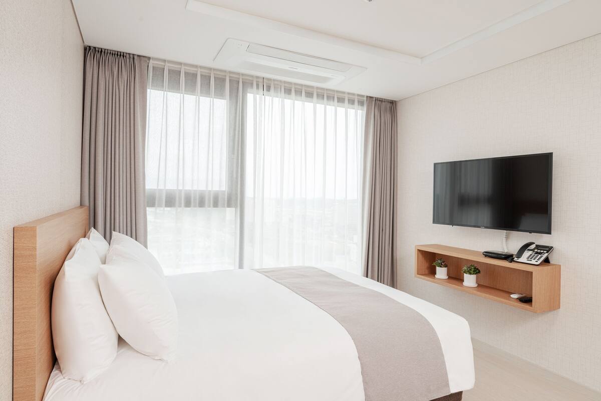 A hotel room with a bed, a mounted TV, a telephone, and a small shelf with plants.