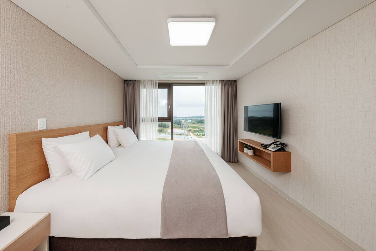 A hotel room with a large bed, a TV on a shelf, and a view of the outdoors.