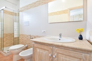 A bathroom with a shower, toilet, bidet, sink, and mirror.