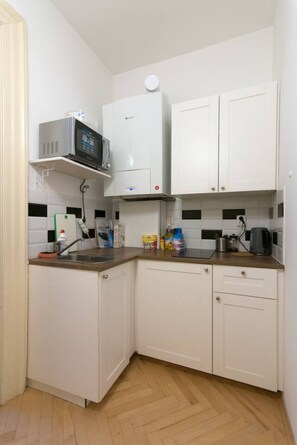 Fridge, microwave, stovetop, cookware/dishes/utensils - Wonderful room downtown with ensuite bathroom (Prague 2)